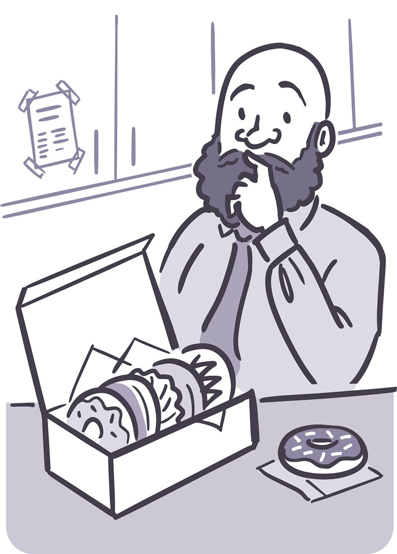 Ilustración de un hombre mirando pensativo una caja de donas.