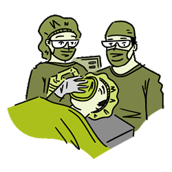 Caricatura de un paciente recibiendo anestesia en la sala de operaciones.