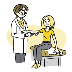 Caricatura de un médico examinando el sarpullido en el brazo de una mujer.