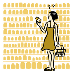 Ilustración de una mujer comprando suplementos dietéticos.