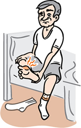 Ilustración de un adulto mayor sentado en el borde de la cama agarrándose su pie que tiene una inflamación dolorosa en la base del dedo gordo del pie.