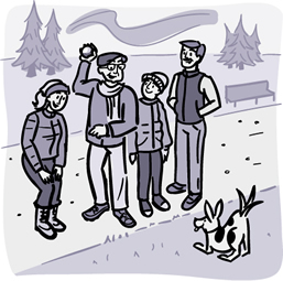 Ilustración de un adulto mayor con su familia y mascota en un sendero para caminar. 