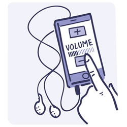 Ilustración de un dedo bajando el volumen en un reproductor de audio con auriculares.