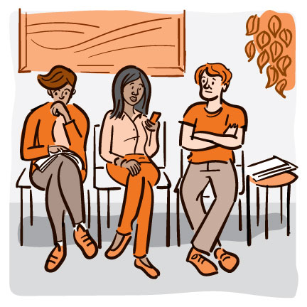 Ilustración de 3 personas sentadas en la sala de espera de un médico.