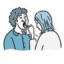 Ilustración de un médico examinando la parte posterior de la garganta de un paciente.