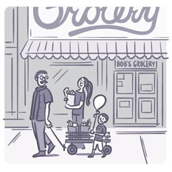 Ilustración de un hombre, una mujer y un niño caminando con bolsas de una tienda de alimentos local.