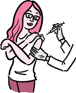 Ilustración de una mujer joven a quien se está vacunando contra el VPH.