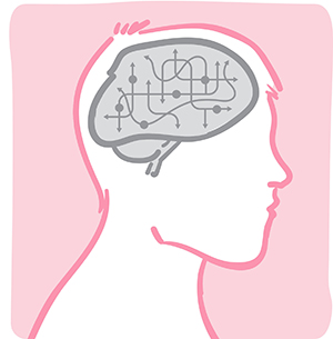 Ilustración de circuitos y flechas dentro del cerebro de un hombre.