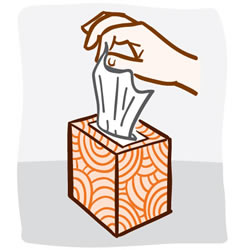 Ilustración de una mano que saca un pañuelo descartable de una caja.