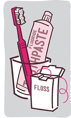 Ilustración de una crema dental, un cepillo de dientes e hilo dental.