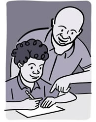 Ilustración de un hombre que ayuda a su hijo a hacer las tareas escolares.