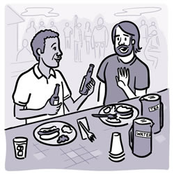 Ilustración de un hombre que se niega a beber lo que le ofrece su amigo en un picnic.