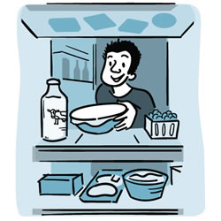 Ilustración de un hombre colocando los alimentos en el refrigerador.