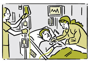 : Ilustración de un paciente que recibe atención en una sala de hospital.
 
